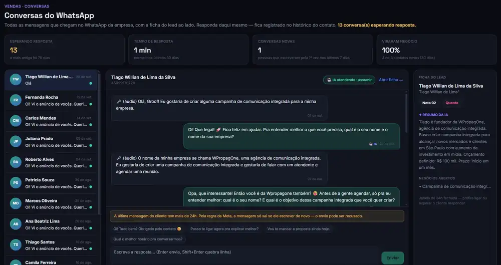 Conversas com a ficha do lead e resumo feito por IA